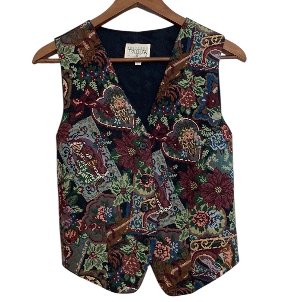 Vintage Tapestry Waistcoat Womens Medium Purple Green Christmas Santa 90s Vest